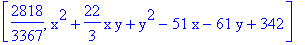 [2818/3367, x^2+22/3*x*y+y^2-51*x-61*y+342]